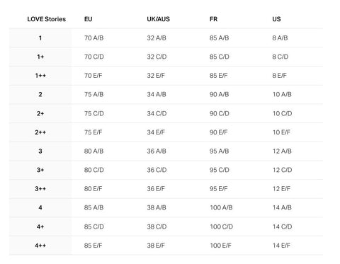 Bralette Size Chart Love Stories, Sexy Lingerie