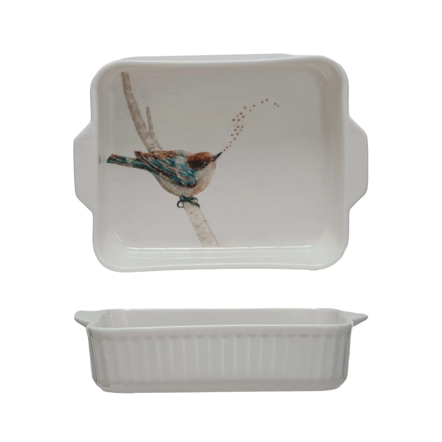 Handled 1 Quart Stoneware Baker with Bird on Branch