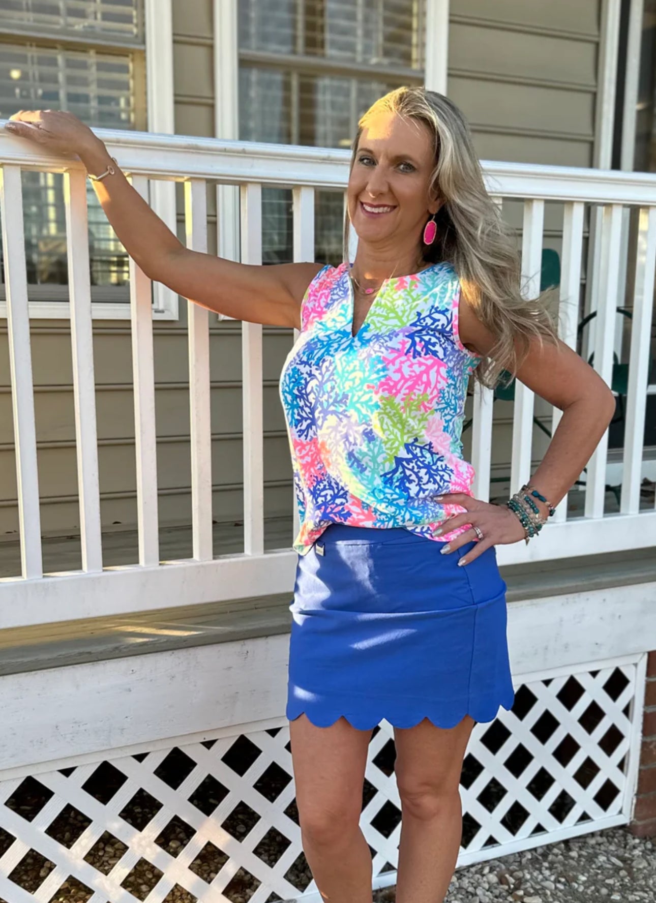 Lulu-B Pink & Blue Island Theme Dress with Half Sleeves & V Neck