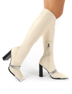 Manic Stone Ankle Chain Detail Knee High Heeled Boots | Public Desire