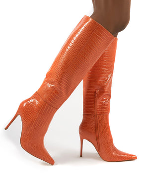 Aimi Orange Croc Knee High Stiletto 