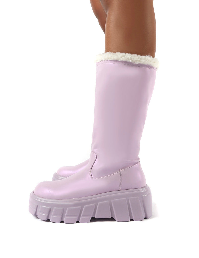Wynter Lilac Shearling Lined Knee High Ankle Boots | Public Desire