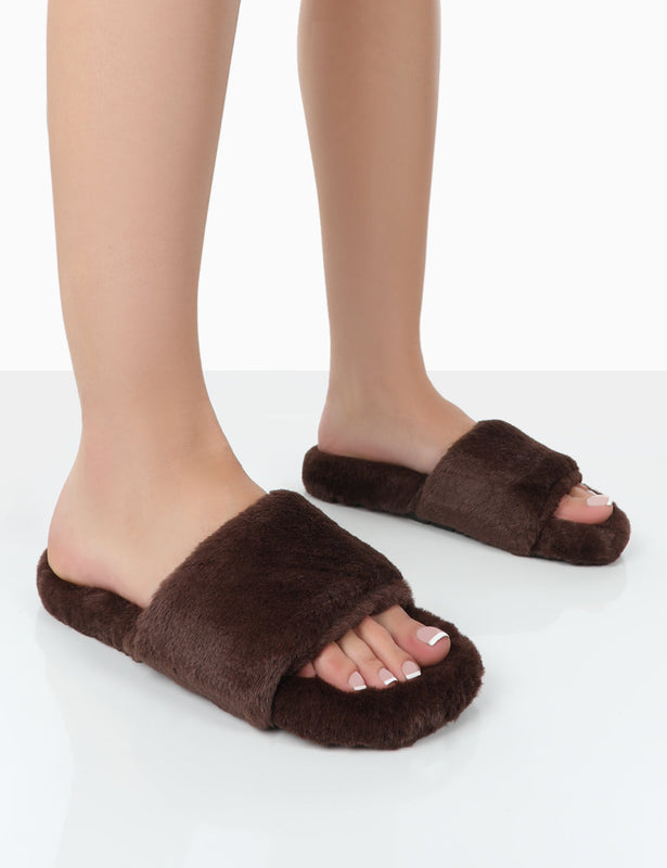 Faux Fur Platform Slippers in Tan