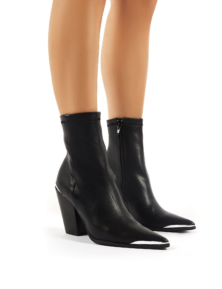 Phoenix Black PU Block Heeled Western Ankle Boots | Public Desire