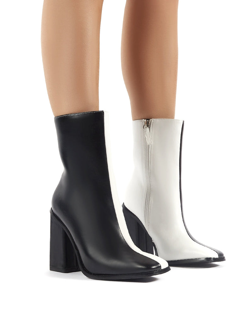 Slick Monochrome Square Toe Block Heeled Ankle Boots | Public Desire