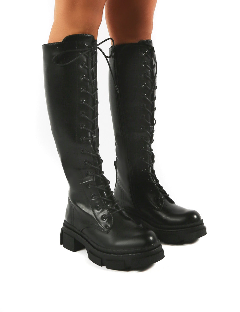 Cameo Black Chunky Sole Lace Up Knee High Boots | Public Desire