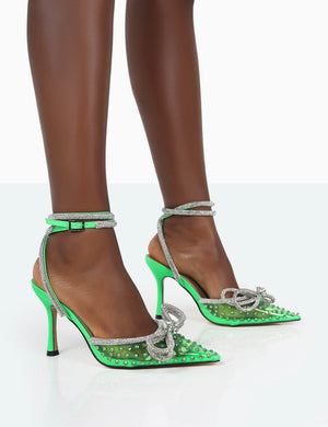 puree Voorwaarde definitief Azealia Neon Green Sparkly Diamante Wrap Around Bow Pointed Toe Court Heels  | Public Desire