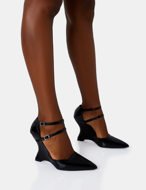 Black Multi-Strap Platform Mary Janes Chunky Heels Almond Toe Buckle Dress  Shoes