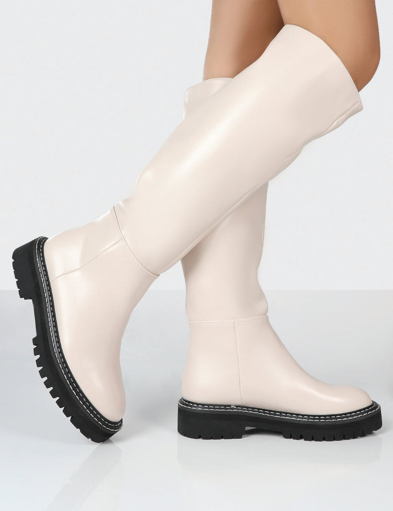 Dana Bone Pu Knee High Boots | Public Desire