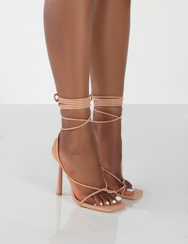 Nude Pu Pointed Strappy Chain High Heels