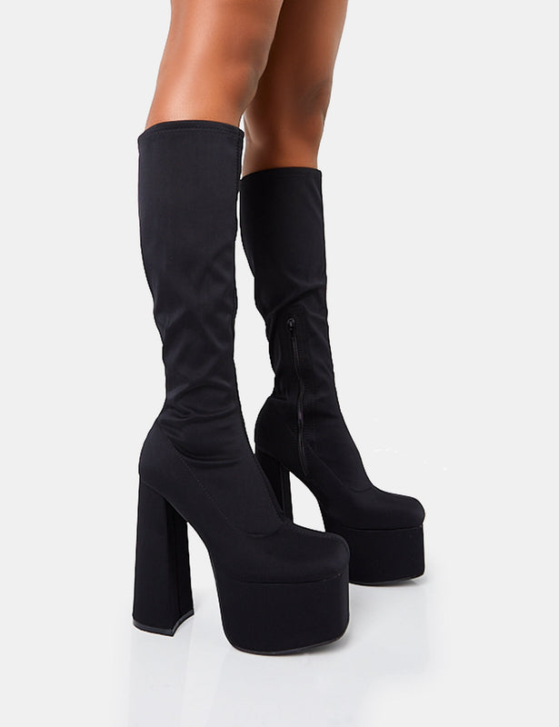 SQUARE TOE FLAT KNEE HIGH BOOTS - Dark tan