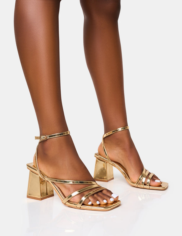 Extra Wide Fit Gold Strappy Mid Block Heel Sandals | New Look