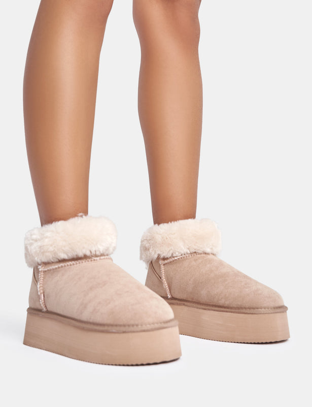 Faux Fur Platform Slippers in Tan