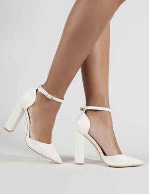 white pointed block heels
