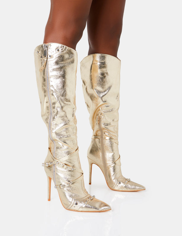 Metallic Leather 70s style Platform Gold knee high Boots