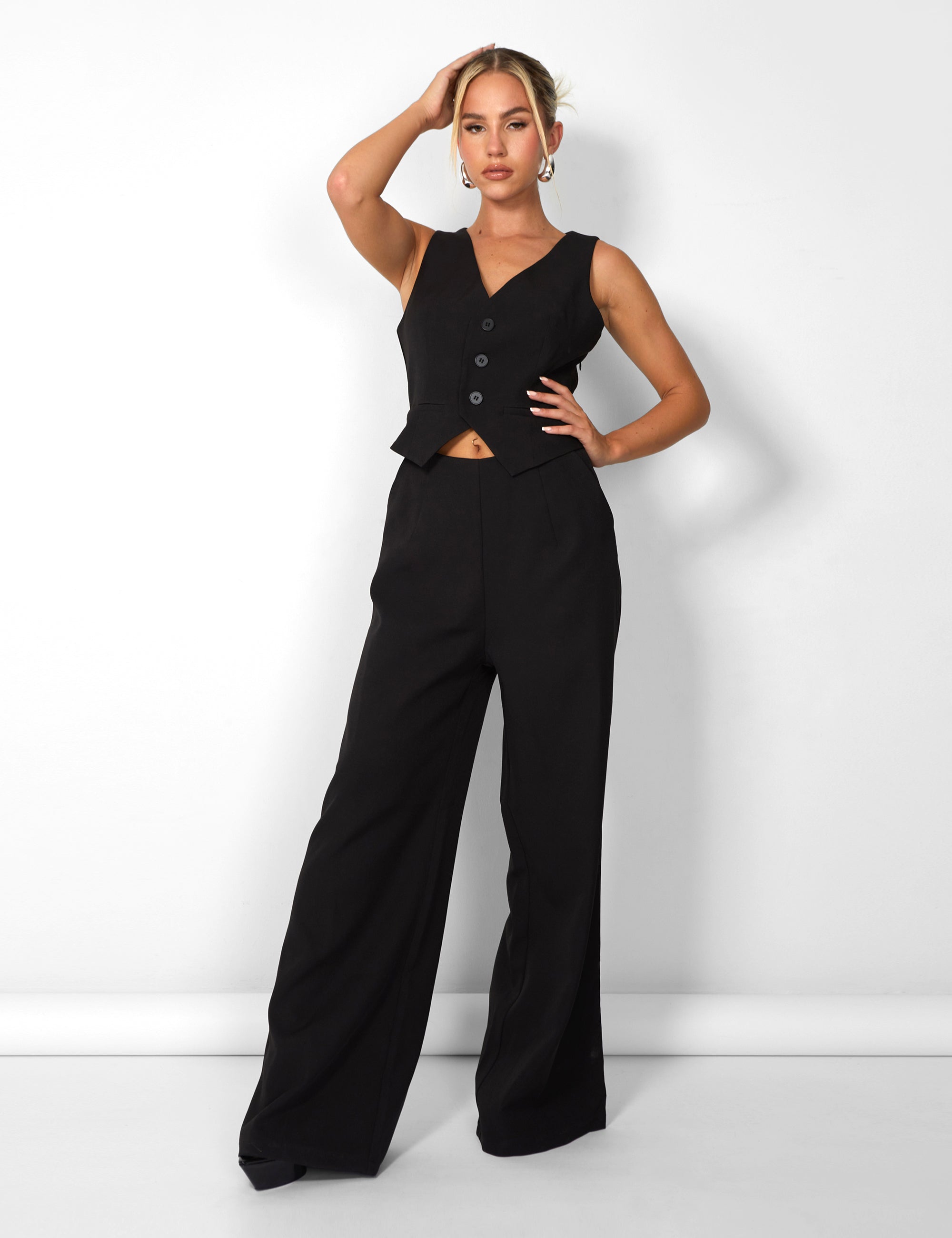 Kaiia Sleeveless Wide Leg Waistcoat Jumpsuit in Black product