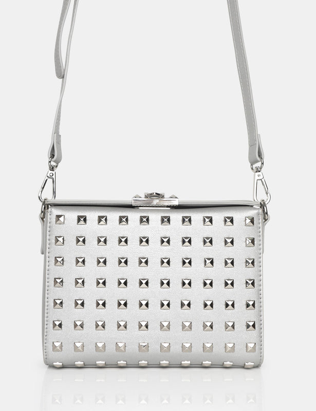 Public Desire The Trackstar Metallic Silver Studded Mirror Zip Detail  Handbag