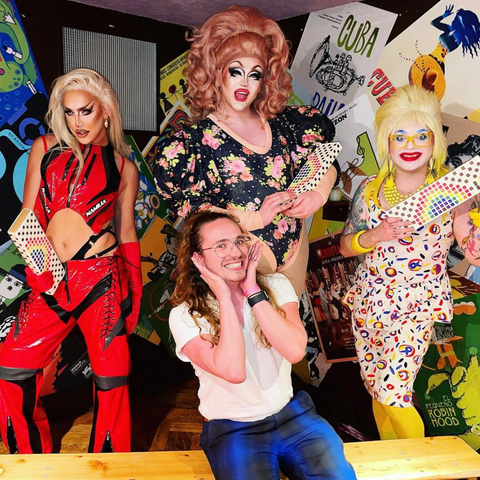 our social media manager @harryjbartlett with A'Whora, Ellie Diamond and Ginny Lemon from RuPaul's Drag Race UK Season 2