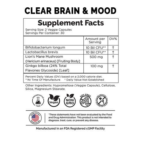 Supplement facts about Clear Brain & Mood ProbioticPLUS blend of probiotics, prebiotics, and therapeutic ingredients