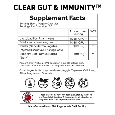 Clear Gut & Immunity Supplement Facts Panel. Great gut health can be yours with a monthly subscription to Clear Gut & Immunity from Clear Probiotics