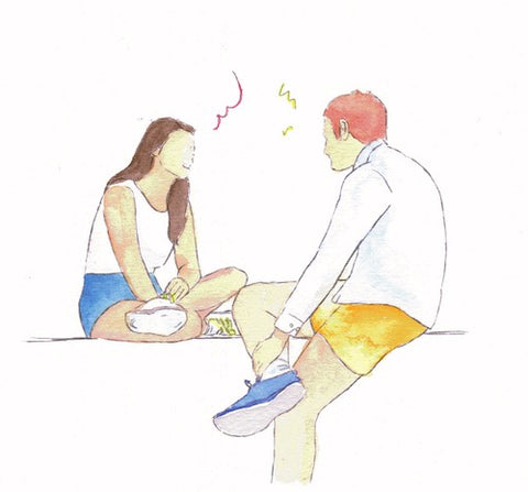 a pencil drawing of two people sitting down, having a conversation