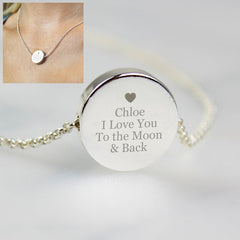 silver disc on a necklace chain that can be personalised with any message