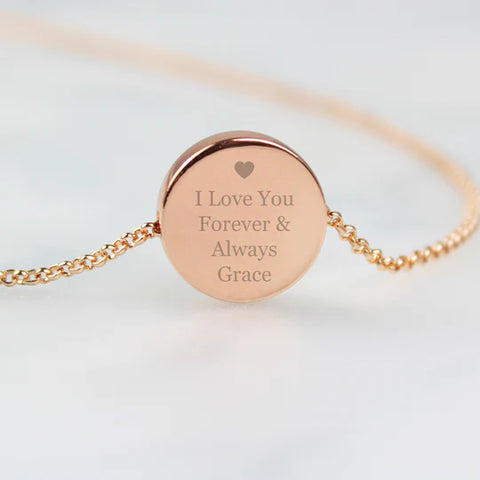 Rose Gold disc necklace engraved with a personalised message