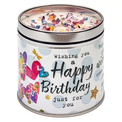 tin candle with Happy Birthday printed on a label around it