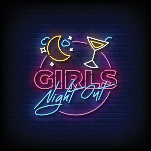 a neon sign with wording Girl's Night Out with the icon of a half moon and a cocktail glass