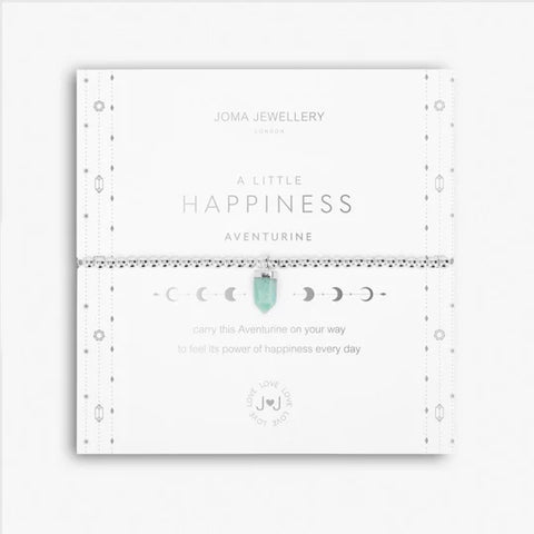 silver bracelet with turquoise aventurine charm on card that reads 'happiness'