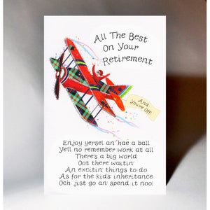 Scottish retirement card featuring a touch of tartan, aeroplane design and witty Scottish slang poem