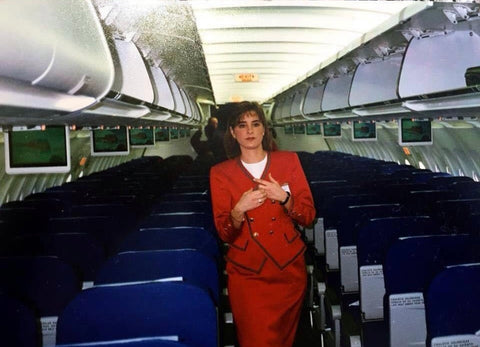 Founder of ECCOSOPHY Sophia Markesini when she was a flight attendant for Virgin Atlantic Airways - Richard Branson