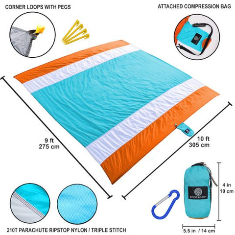 The layout and features of the ECCOSOPHY beach blanket. This beach blanket is made from sand resistant material it comes in a carry pouch with a compression strap, it comes with four ground pegs and loops, four corner sand pockets and a carabiner for easy carrying.
