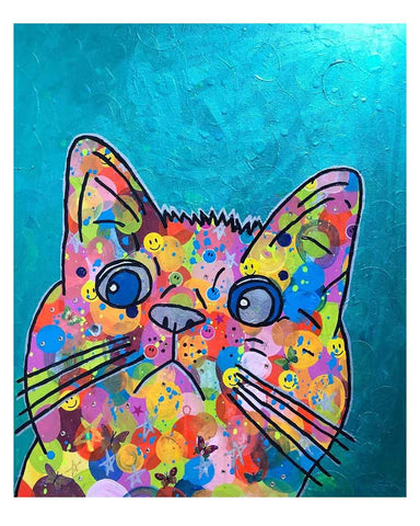 Blue Cosmic Moggy Painting by Barrie J Davies 2018, mixed media on canvas, unframed, 50cm x 60cm.