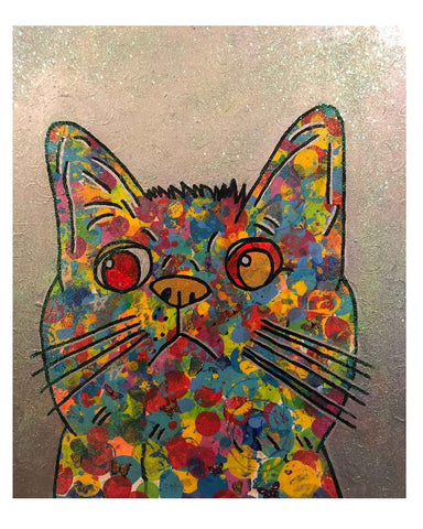 Cosmic Moggy painting by Barrie J Davies 2018, mixed media on canvas, unframed, 50cm x 60cm.