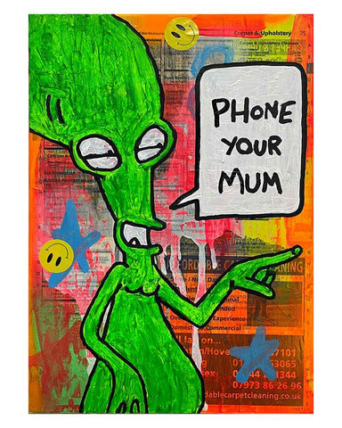 Phone Your Mum Painting by Barrie J Davies 2024, Mixed media on Canvas, 21 cm x 29 cm, Unframed and ready to hang.