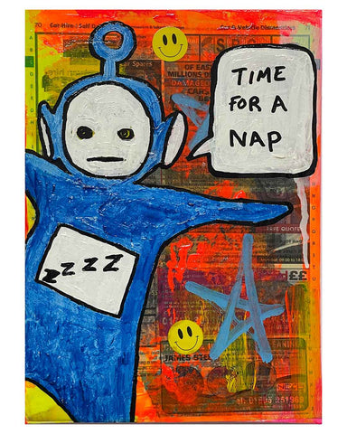 Time For A Nap Painting by Barrie J Davies 2024, Mixed media on Canvas, 21 cm x 29 cm, Unframed and ready to hang.