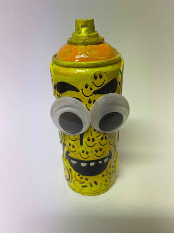 Happy Smiley Spray Can Sculpture. This is a unique, hand made one off original. It is a mixed media original directly onto a recycled depressurised spray can.