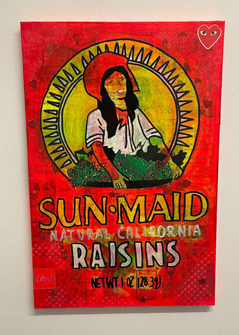 Sun Maid Raisins Painting by Barrie J Davies 2022, Mixed media on Canvas, 60cm x 90cm, Unframed and ready to hang.