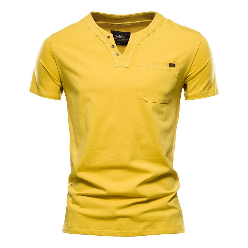 Selvence 0 Yellow / EUR M 55-65 kg FGKKS Summer Top Quality Cotton T Shirt Men Solid Color Design V-neck T-shirt Casual Classic Men&#39;s Clothing Tops Tee Shirt Men