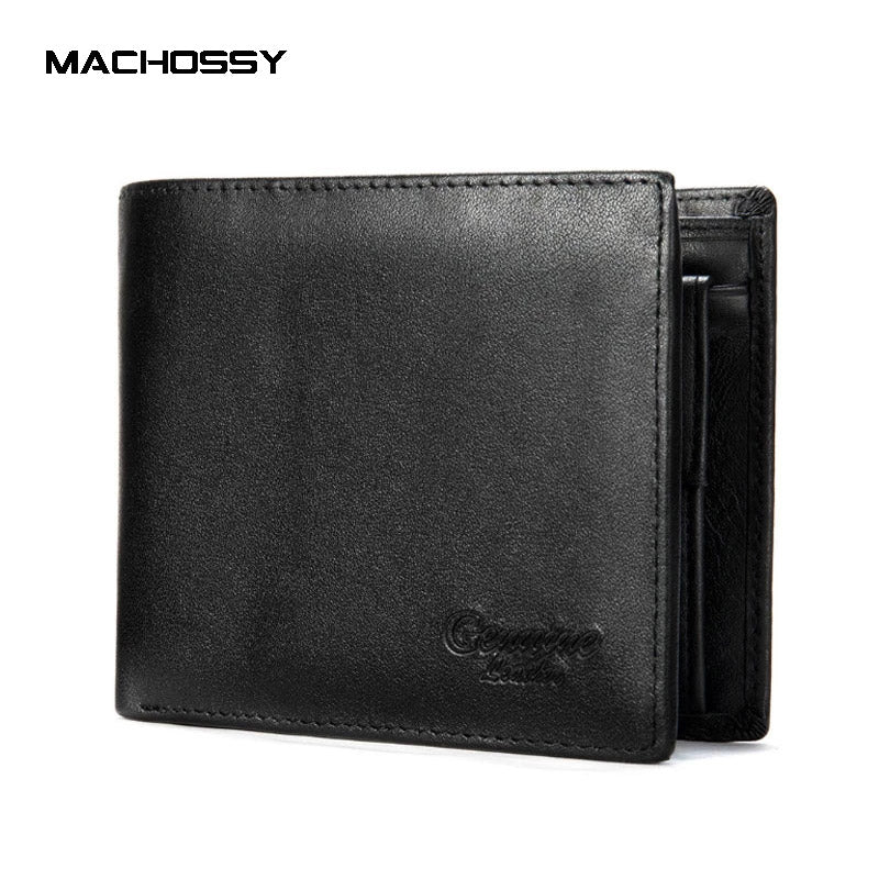 Machossy Men's Black Genuine Leather Trifold Wallet Large Capacity