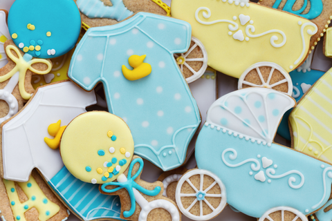 cookies decorate as onsies, strollers, rattlers