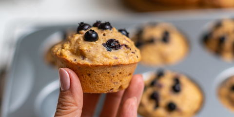 a hand holds a blueberry muffin