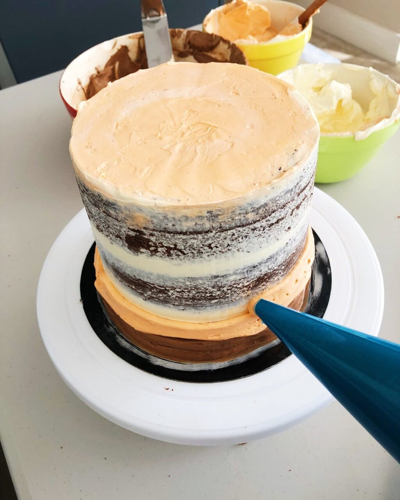 Chocolate Orange Drip Cake Recipe - base buttercream stripes