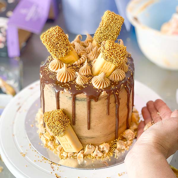 Fake Bake Chocolate Salted Caramel Cake Recipe - Gold bar crumble