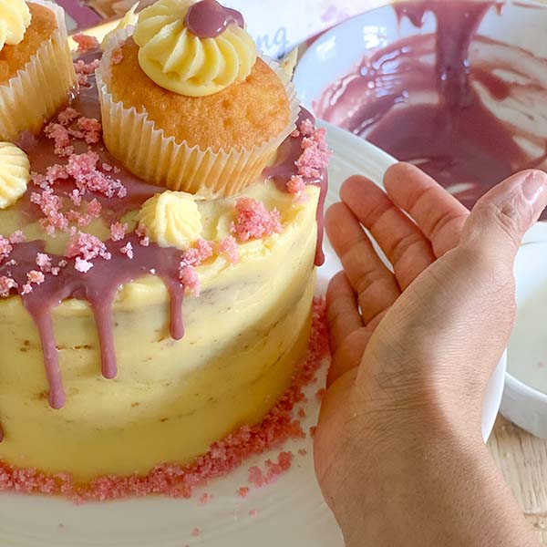 Fake Bake Tesco Lemon & Raspberry Cake Recipe - pink battenberg crumbs