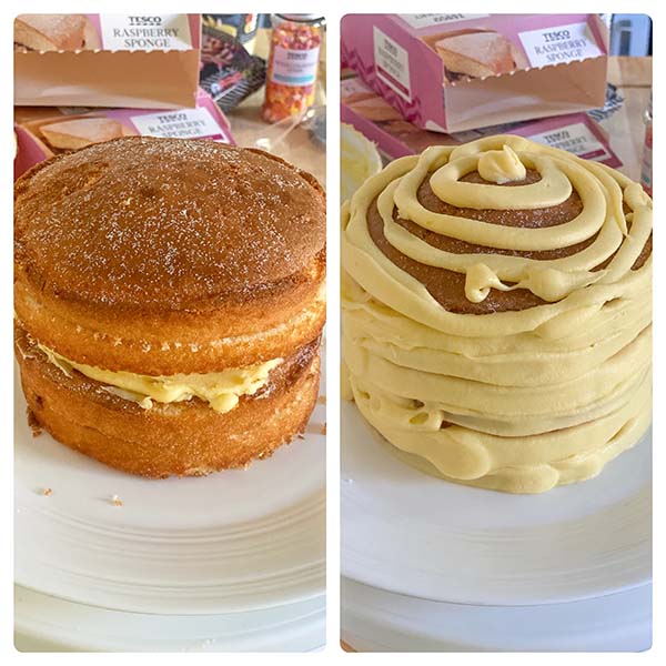 Fake Bake Tesco Lemon & Raspberry Cake Recipe - stacked and frosted