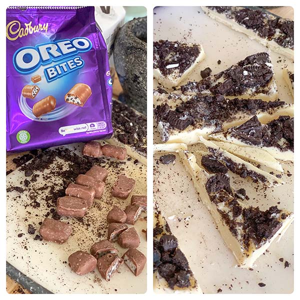 Fake Bakes Cookies and Cream Cake Recipe - chop oreo bites and cookies and cream chocolate bar