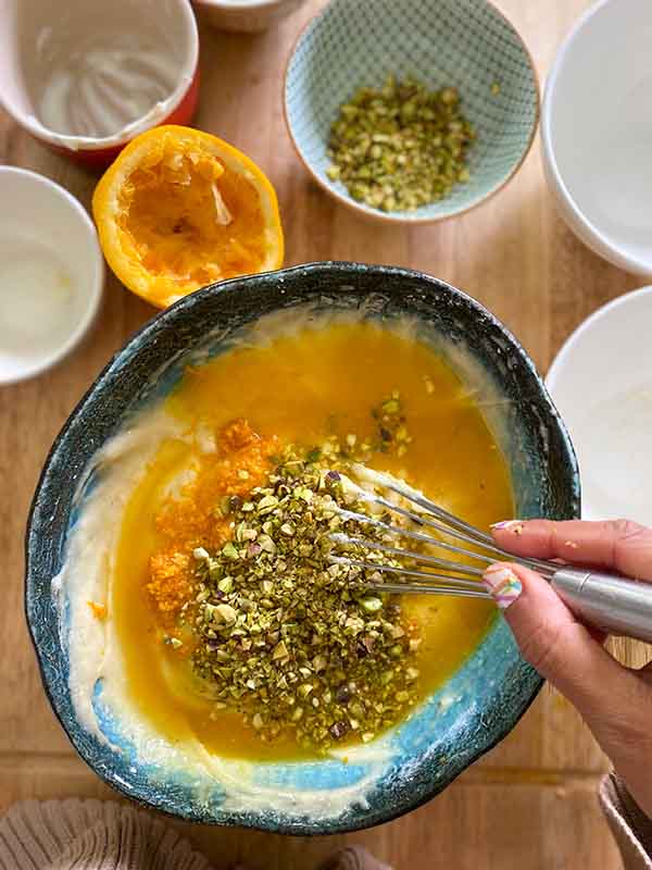 Orange and Pistachio Loaf Cake - Hero sponge batter add orange juice zest pistachios