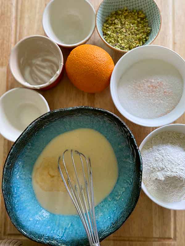 Orange and Pistachio Loaf Cake - hero sponge wet ingredients